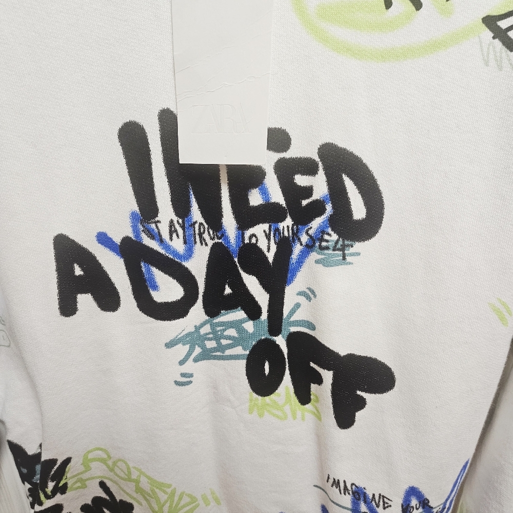 Kids Ivory Graffiti Sweatshirt “I Need a Day Off” Size 13-14 Years NWT ZARA - Picture 5 of 7